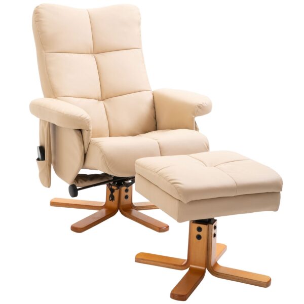 Afslappende stol massagestol med fodskammel opbevaringsplads hvilefunktion tv-stol med massagefunktion tv-stol 145° vipbar polyester cremehvid 80 x 86 x 99 cm
