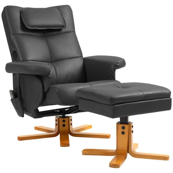 Massagestol med skammel, justerbar ryglæn, usb-opladeport, læderlook, op til 150 kg, sort